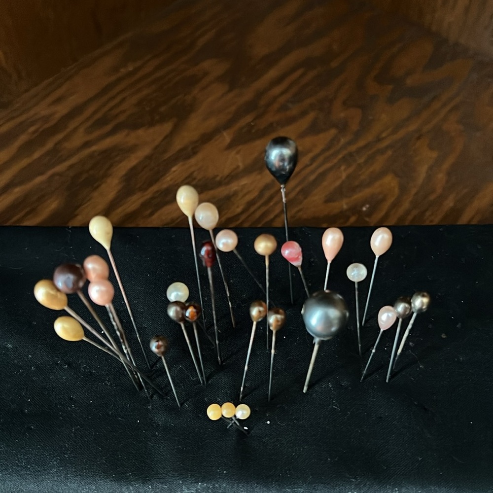 Antique Multicolored Teardrop and Round Head Hat Pins. Lot of 29.
